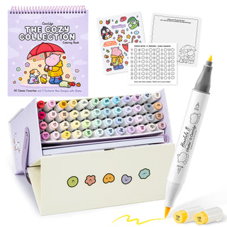 Ohuhu x Coco Wyo Cozy Mood Coloring Kit, Honolulu B 48 Colors Alcohol Markers with Brush & Fine Dual Tips, Coloring Book with Mood Tracker Pages
