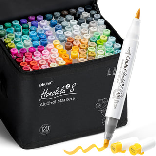 Ohuhu Honolulu² S 120 Basic Colors Dual Tips Alcohol Art Markers, Brush & Soft Chisel