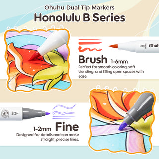 Ohuhu x Jade Summer Alcohol Markers & Coloring Book Set, 47 Colors + 1 Colorless Blender, Honolulu B, Brush & Fine Dual Tips